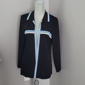 Misook Black Open Front Knit Cardigan Jacket Blue Stripe Trim Size M